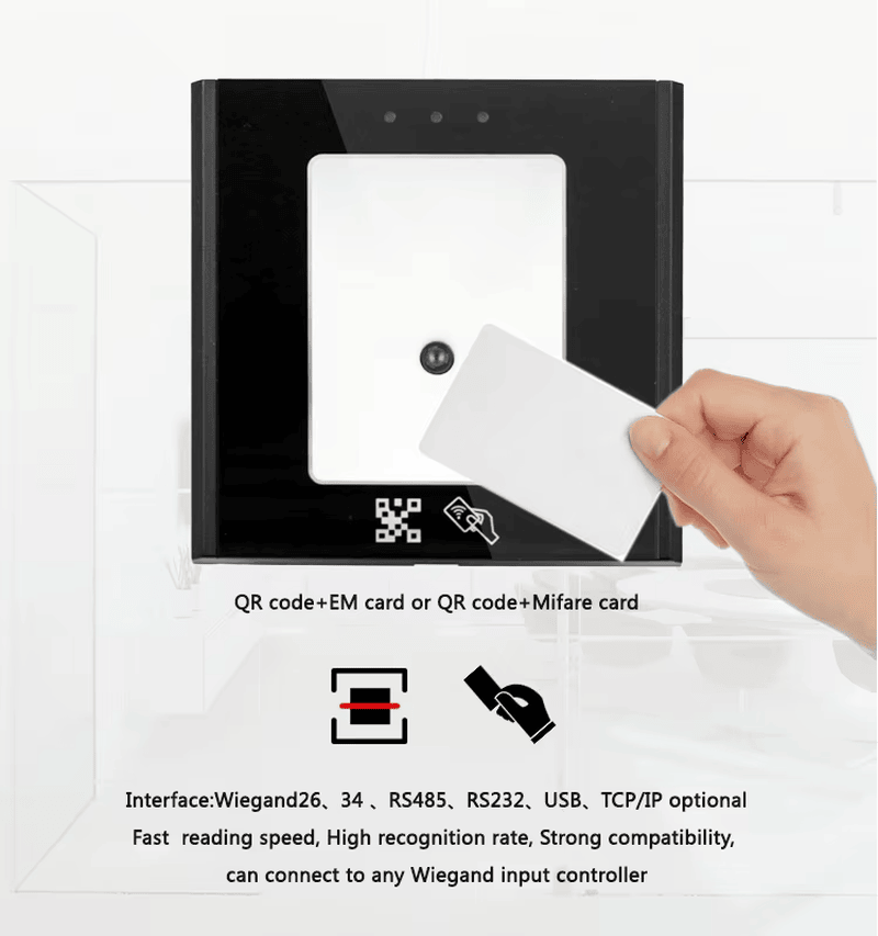 Leitor de acesso por código QR com SDK e RFID visto de frente, destacando o painel para aplicações de controle de acesso.