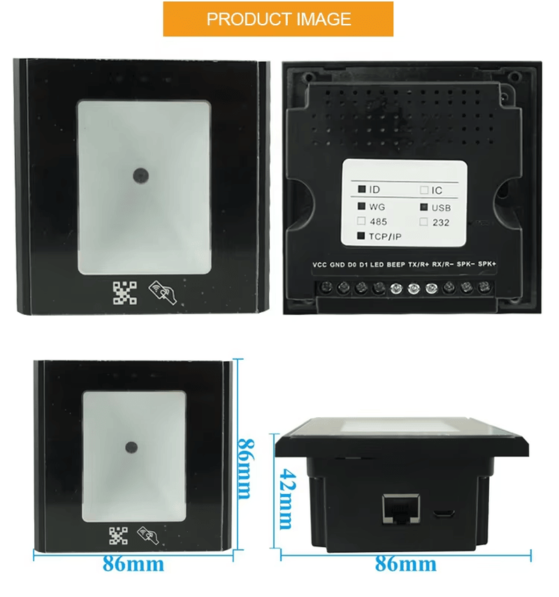 Leitor de acesso por código QR com SDK e RFID, mostrando o indicador LED de estado.