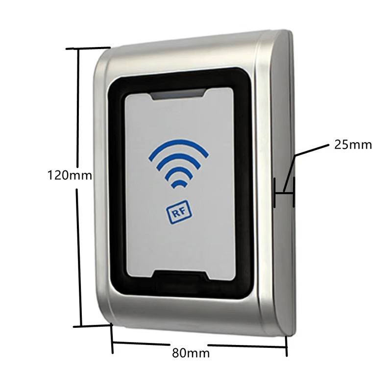 A área de leitura do cartão do leitor metálico RF005 permite acesso rápido sem contato e é compatível com as tecnologias EM e Mifare.