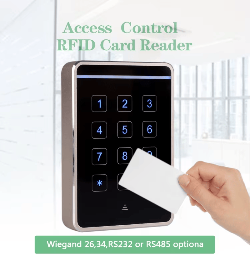 Diagrama completo de cabeamento do leitor RFID J10-MC2634, explicando as conexões dos cabos de alimentação e dados Wiegand.