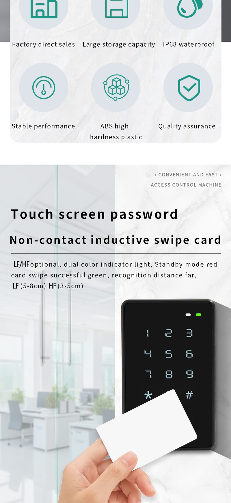 Terminal ZY-S699 em ABS com autenticação por cartão RFID de proximidade e código PIN digitado no teclado para maior segurança