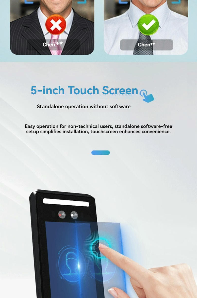Terminal de Acesso Facial de 5 Polegadas com design compacto para aplicações de terminais biométricos de controle de acesso.