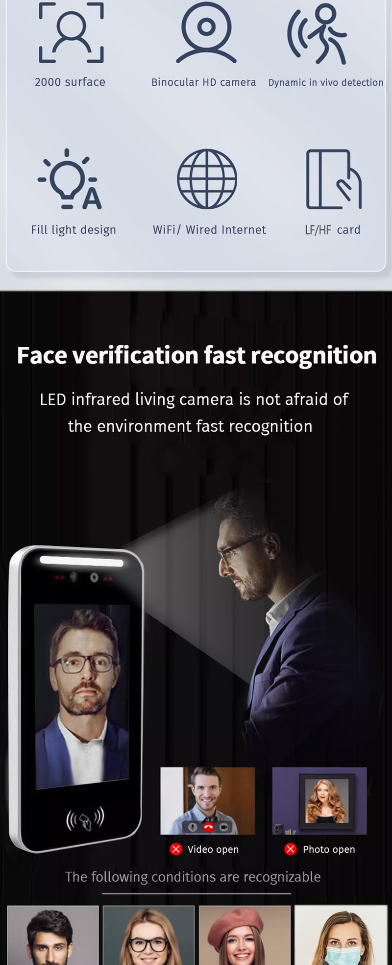 Terminal de reconhecimento facial dinâmico para acesso de visitantes mostrado com detalhe do chip para compradores que comparam soluções biométricas de controle de acesso.