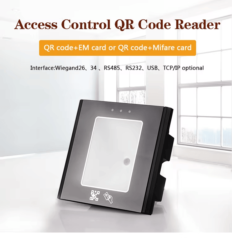 Este leitor de acesso por código QR aceita entrada de ampla tensão entre quatro e quinze volts para diferentes ambientes de alimentação elétrica