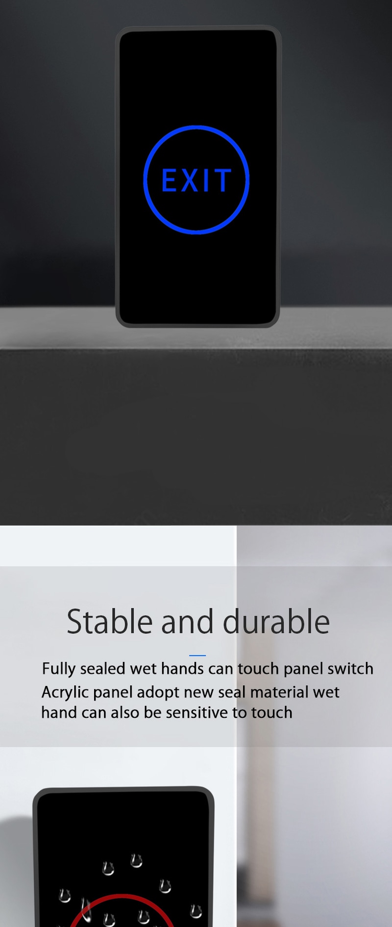 Detalhe da textura do material ABS resistente ao fogo utilizado no botão de saída ZY-TK506