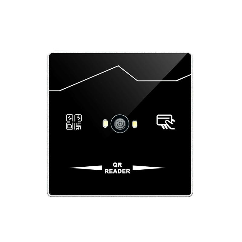Uma vista em perspectiva mostra o perfil fino e o design profissional de interruptor de vidro de parede do leitor autônomo de controle de acesso ZY-QR703.