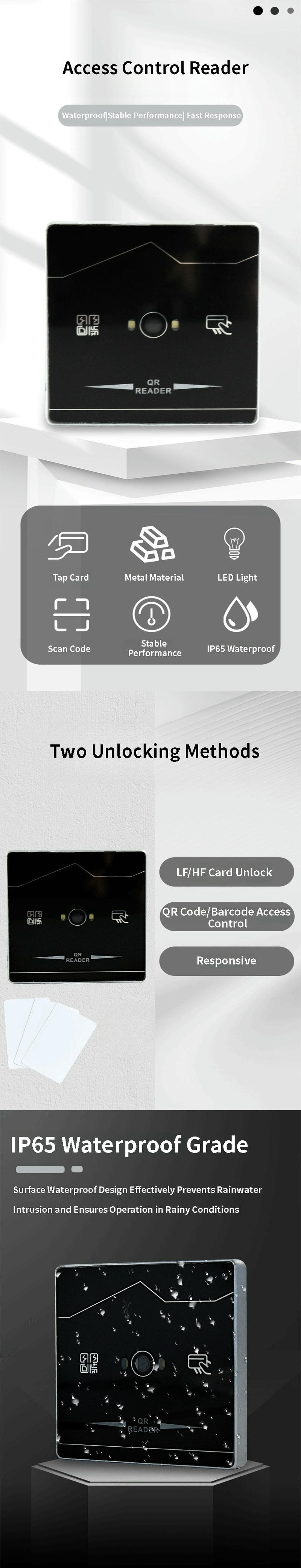 Usuário demonstra a entrada sem contato ao escanear um código QR no celular diante do leitor ZY-QR703 para um controle de acesso rápido e seguro