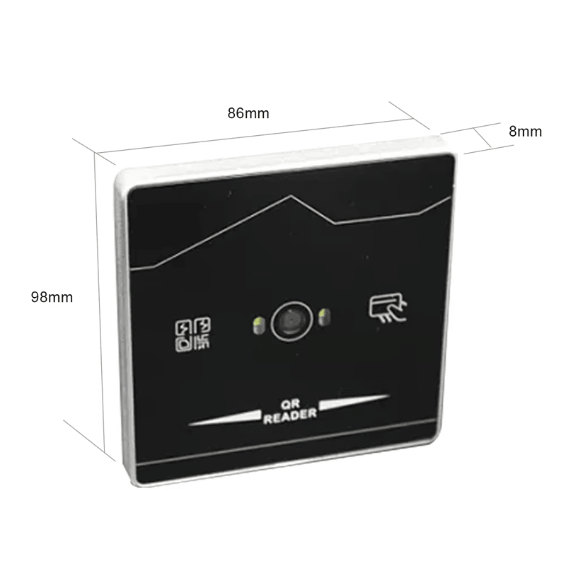 Desenho técnico de dimensões do leitor QR Q1 mostrando o tamanho quadrado padrão de oitenta e seis por oitenta e seis milímetros para instalação na parede.