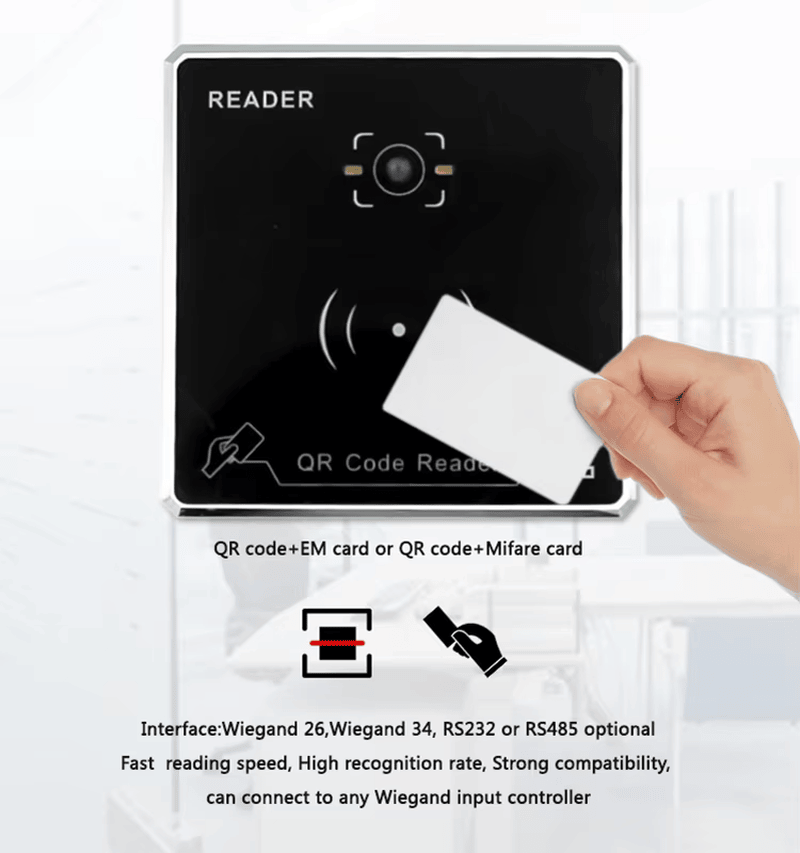 Leitor RFID metálico com código QR e logotipo gravado para sistemas de controle de portas.
