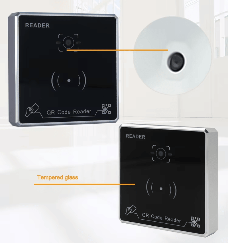 Leitor RFID metálico com código QR apresentado com rebordo polido para projetos de controle de acessos.