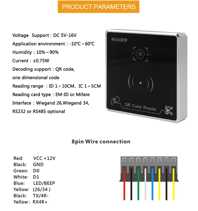 Superfície metálica de acabamento premium do leitor RFID com código QR para controle de acessos.