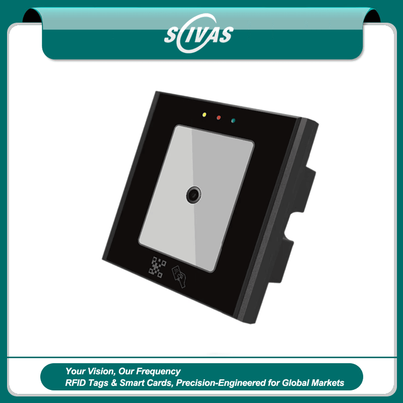 Esta imagem destaca design para montagem em parede em Leitor RFID Metálico com código QR para Acesso Seguro para aplicações de Leitores de acesso por código QR.