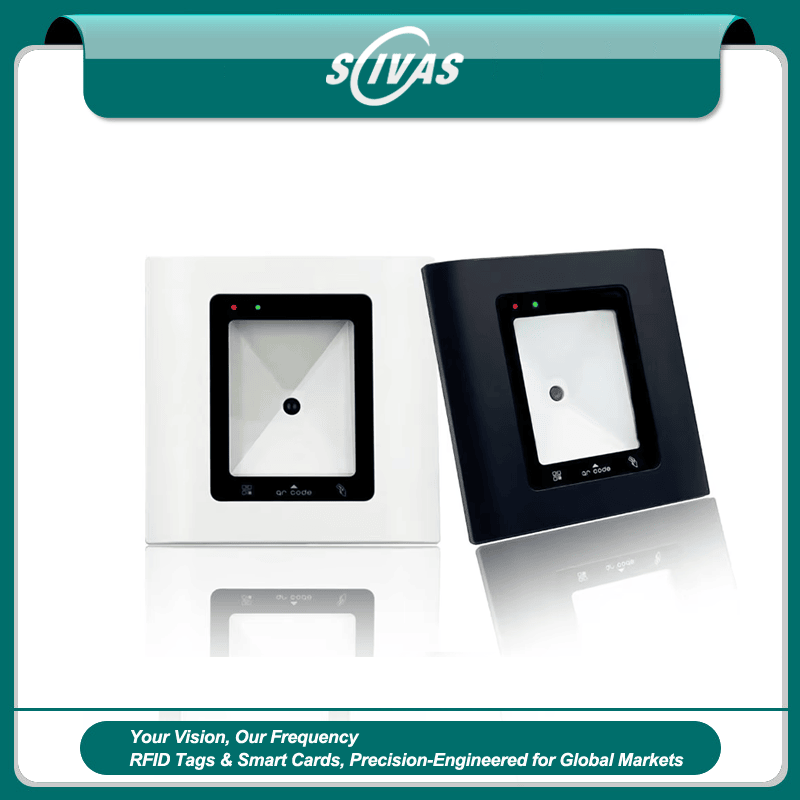 Esta imagem destaca leitura sem contato em Leitor RFID com código QR e Wiegand para Portas para aplicações de Leitores de acesso por código QR.