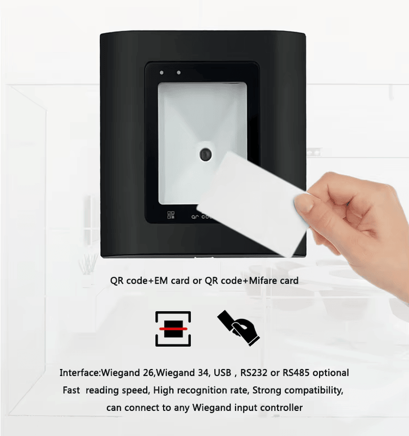 Leitor RFID de acesso por código QR com Wiegand para segurança de portas, apresentado com painel frontal com teclado para compradores que comparam soluções de leitores de acesso por código QR.