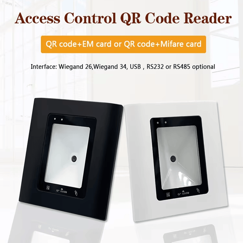Esta imagem destaca controle de acesso seguro em Leitor RFID com código QR e Wiegand para Portas para aplicações de Leitores de acesso por código QR.