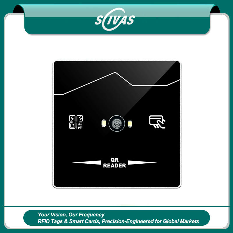 O terminal de controle de acesso por código QR ZY-QR703 possui um elegante painel de vidro preto com janela de leitura de alta velocidade centralizada para entrada segura.