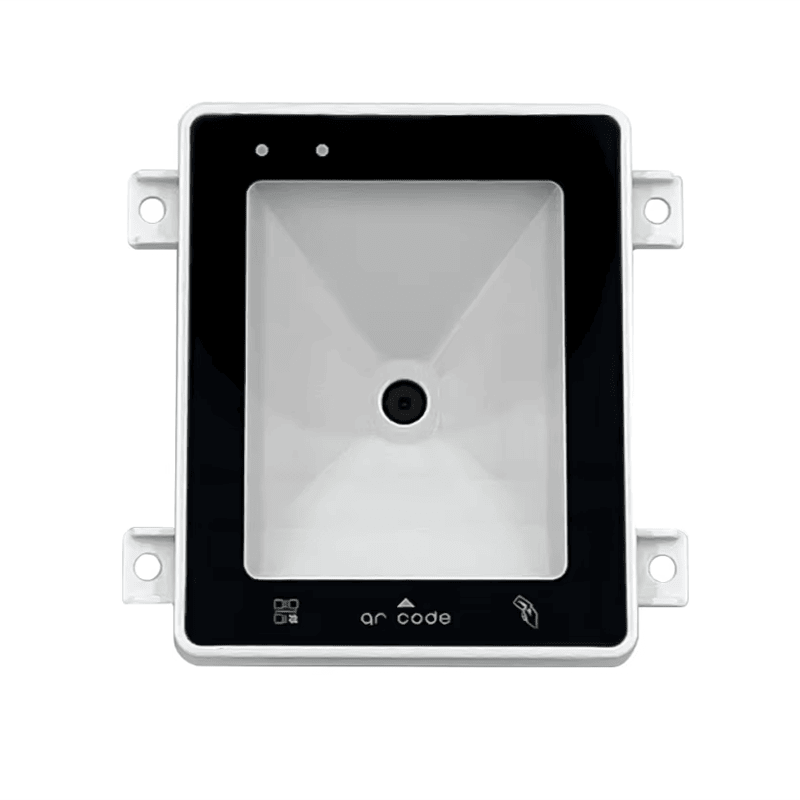 Vista traseira do leitor de acesso QR R101 exibindo as opções de interface de fiação incluindo USB porta serial virtual e conexões TTL.