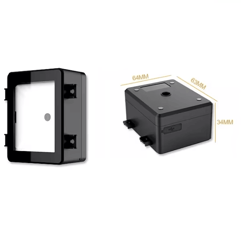 Vista de perfil lateral do leitor de códigos de barras para quiosque USB R101 mostrando sua construção em material abs e pontos de montagem para instalação segura.