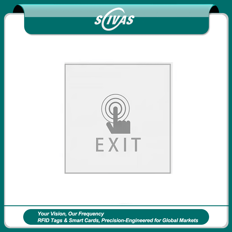 Vista frontal do botão quadrado de toque para saída ZY-TK503 com painel branco à prova de fogo e ícone de mão nítido para sistemas de controle de acesso.