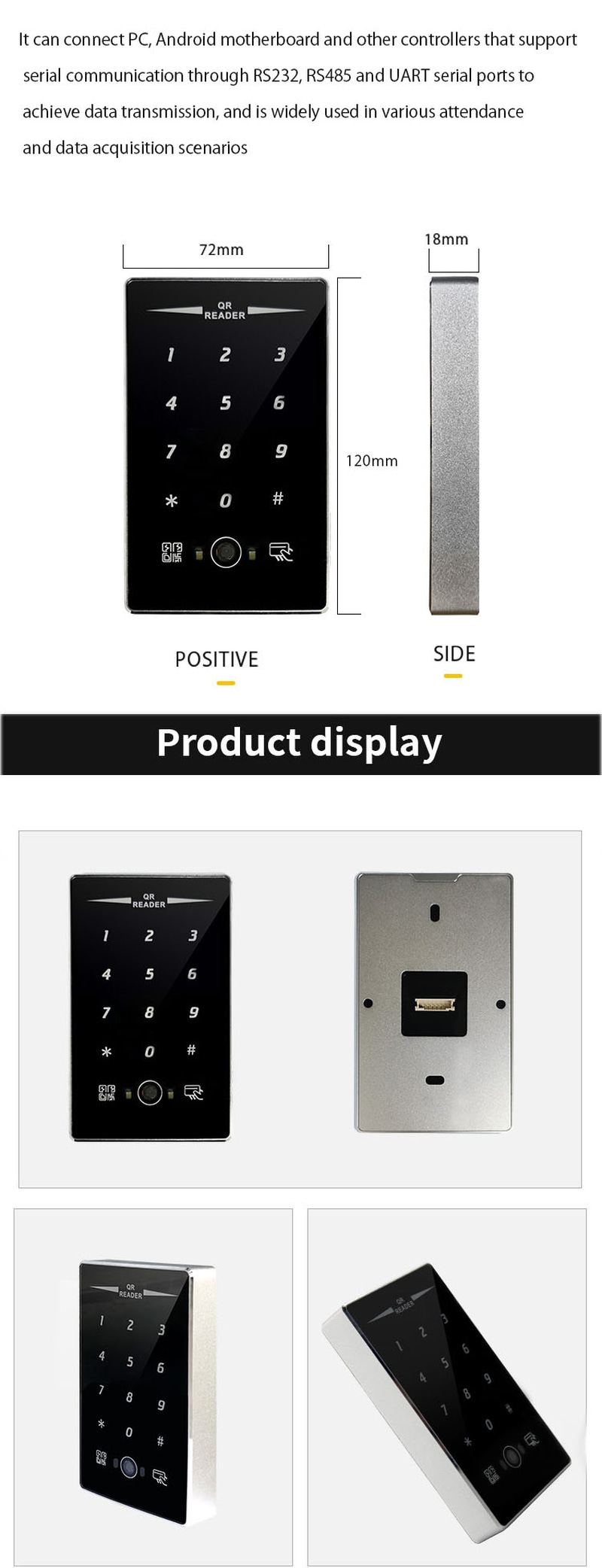 Opções de acabamento do leitor RFID 08QR em prata, dourado e preto para diferentes estilos de entrada comercial.