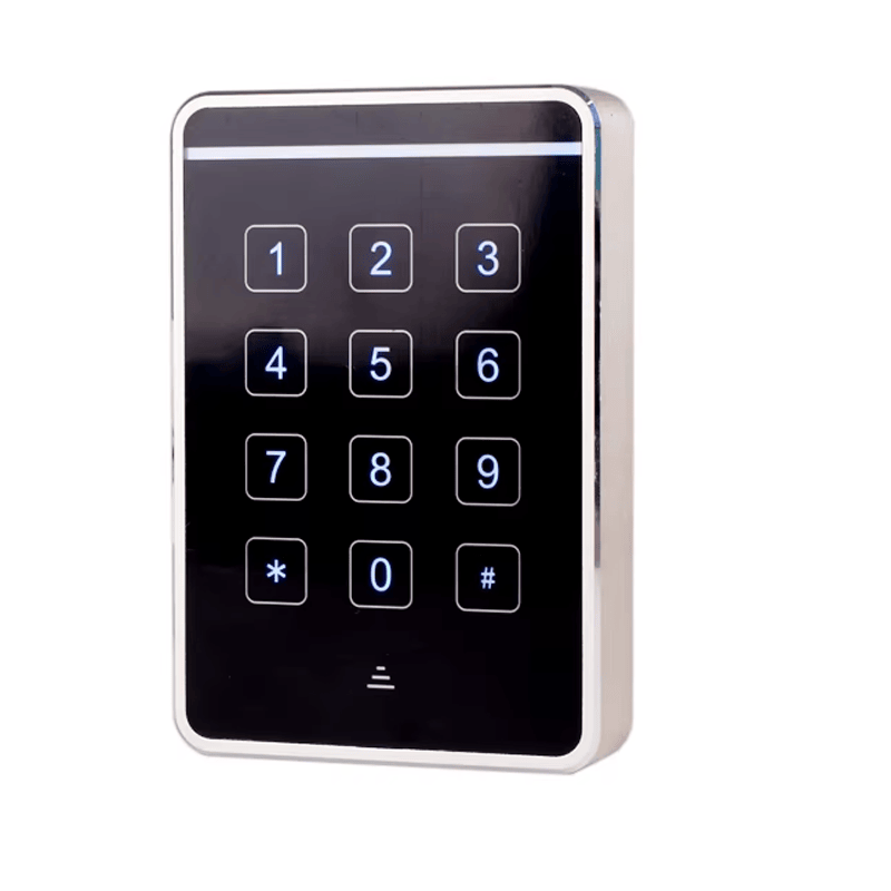O teclado retroiluminado J20-M2634 é mostrado em ângulo para destacar a tela sensível ao toque e a estética moderna para segurança de escritórios.
