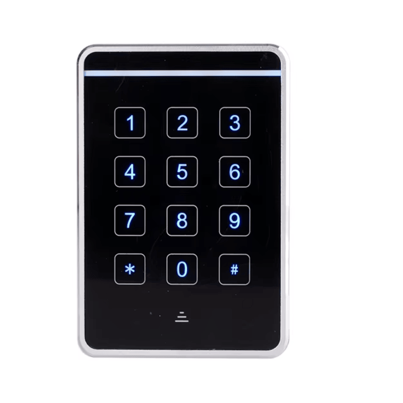 A vista frontal do leitor de acesso autônomo J20-M2634 destaca o elegante teclado numérico e a área de leitura RFID para os usuários.