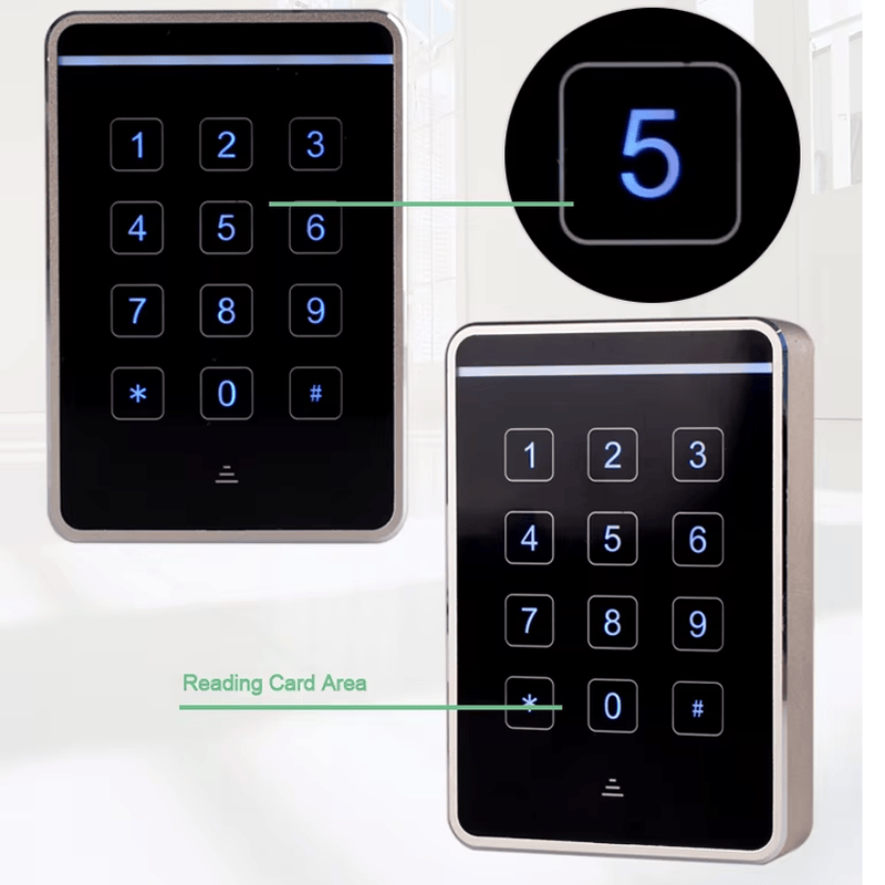 Esta vista em ângulo do leitor RFID com teclado J20-MC2634 destaca seu design moderno e estrutura compacta adequada para sistemas de segurança profissionais.