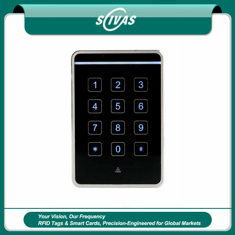 O leitor de acesso touchscreen preto J20-M2634 possui um gabinete resistente de ABS e luz de fundo azul brilhante para alta visibilidade à noite.