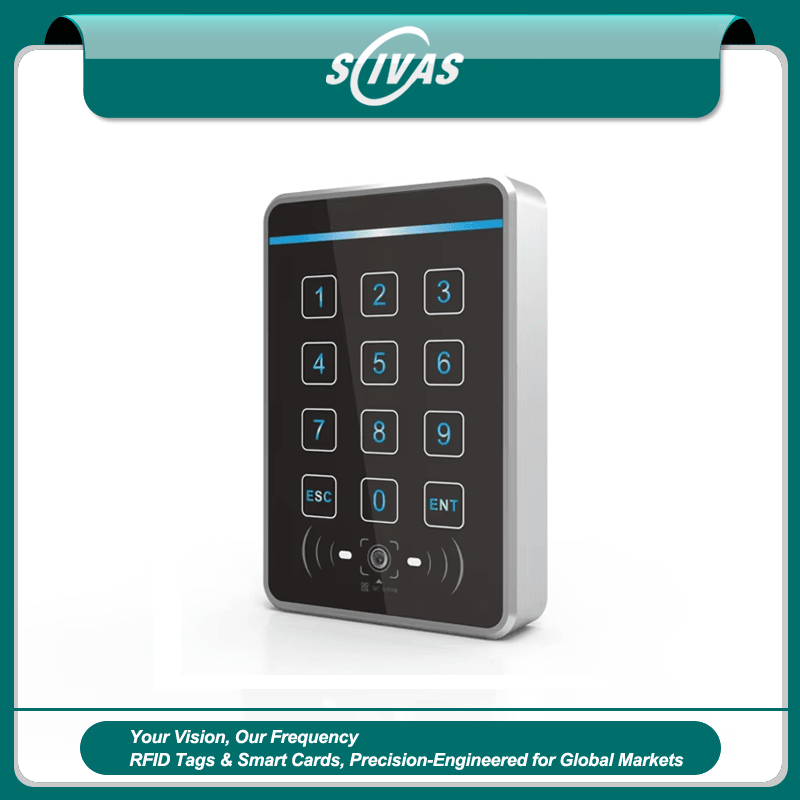 O leitor de acesso com tela sensível ao toque preto R60-MF possui uma elegante carcaça metálica com leitura integrada de cartões RFID e códigos QR para entrada segura.