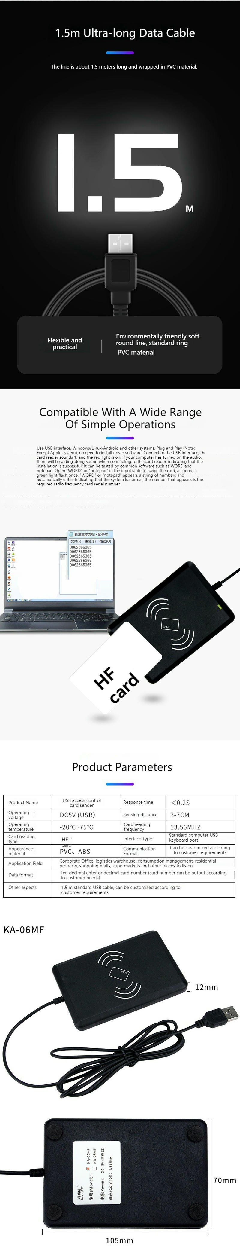 Infográfico com cabo de dados longo, compatibilidade, parâmetros do produto e diagrama de tamanho do leitor gravador USB KA-06MF.