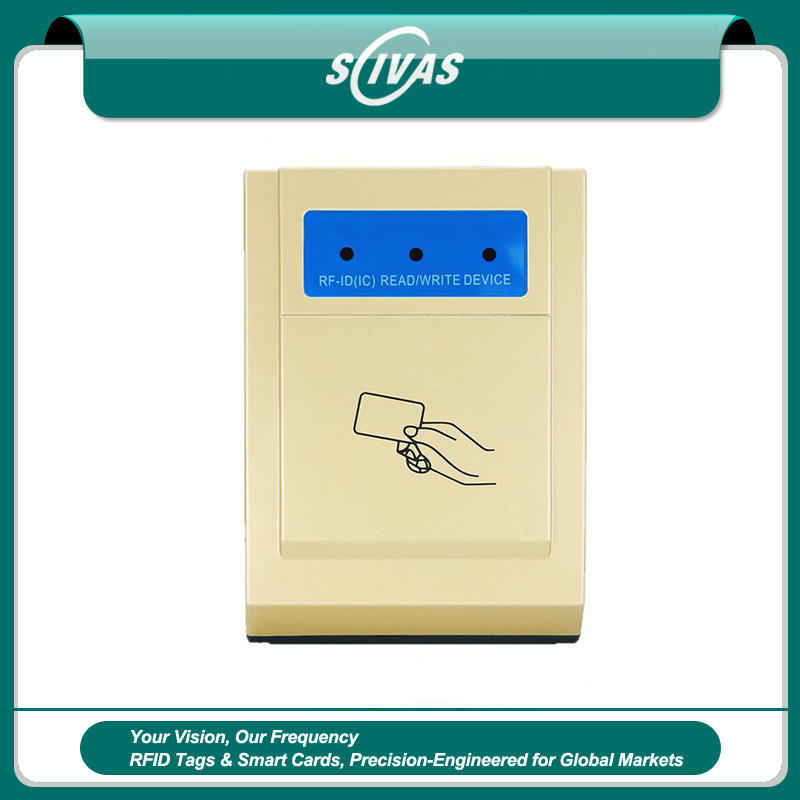 Vista frontal do codificador de cartões RFID HF KA-N002 13.56MHz mostrando o painel de leitura e gravação RF-ID IC e a área do ícone de aproximação do cartão.
