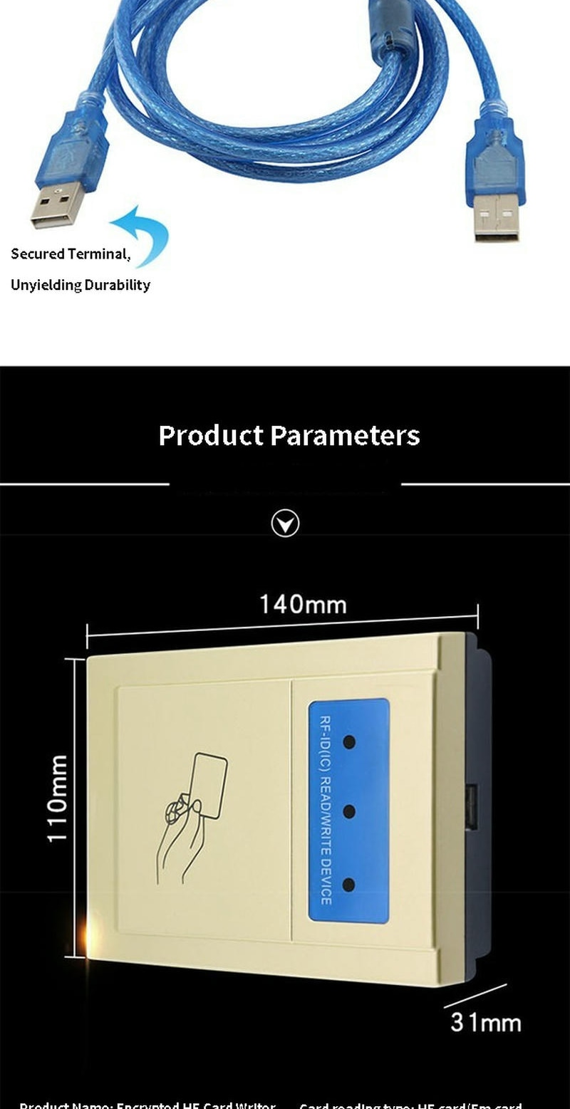 As dimensões do codificador de cartões HF KA-N002 são apresentadas como 140mm por 110mm por 31mm, com cabo de dados USB azul acima do diagrama.