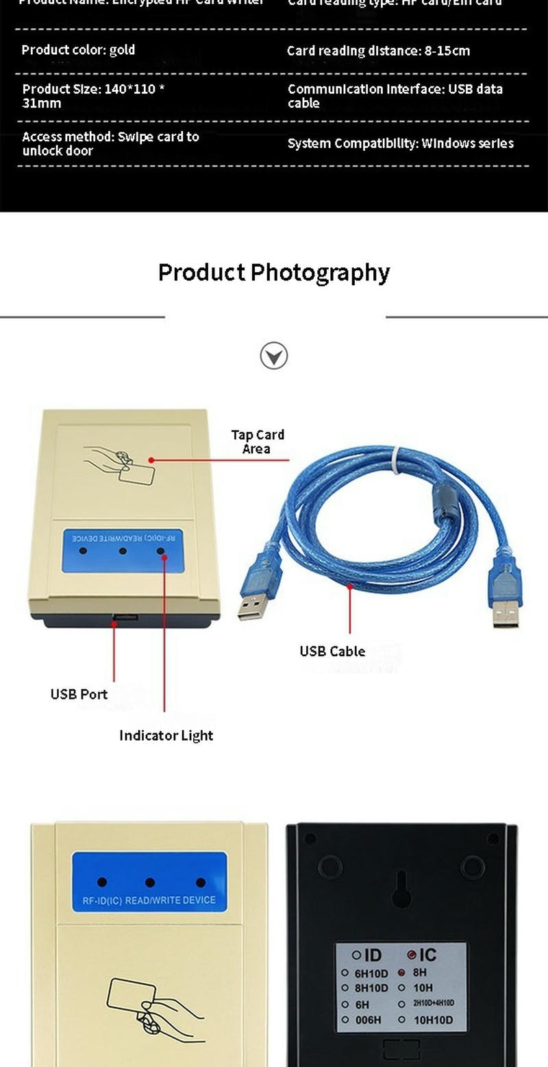 Foto anotada do produto identifica a área de aproximação do cartão, a porta USB, a luz indicadora e o cabo USB incluído no KA-N002.
