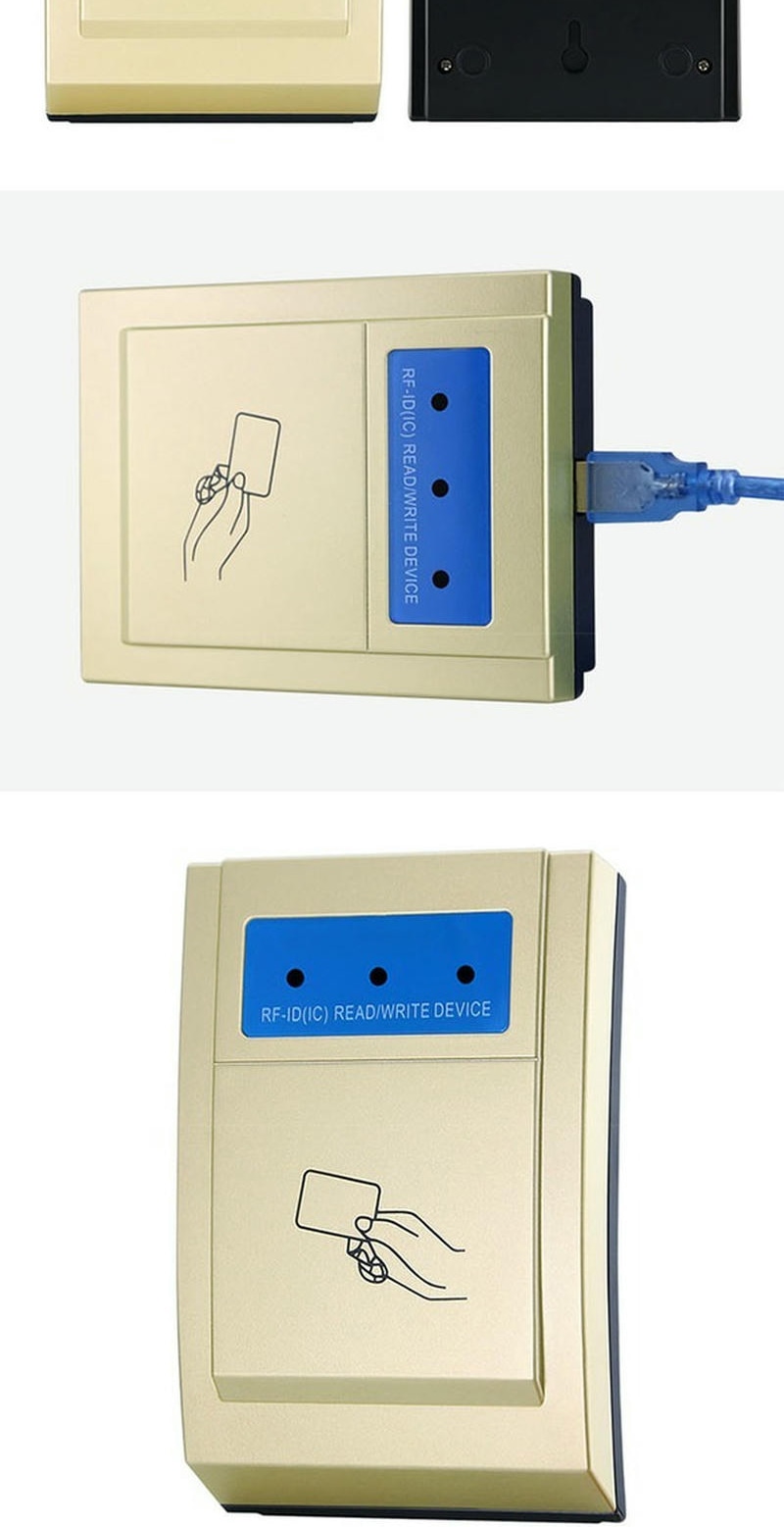 Vista lateral mostra o codificador de cartões RFID HF KA-N002 com painel azul de leitura e gravação visível e cabo USB conectado para uso em mesa.