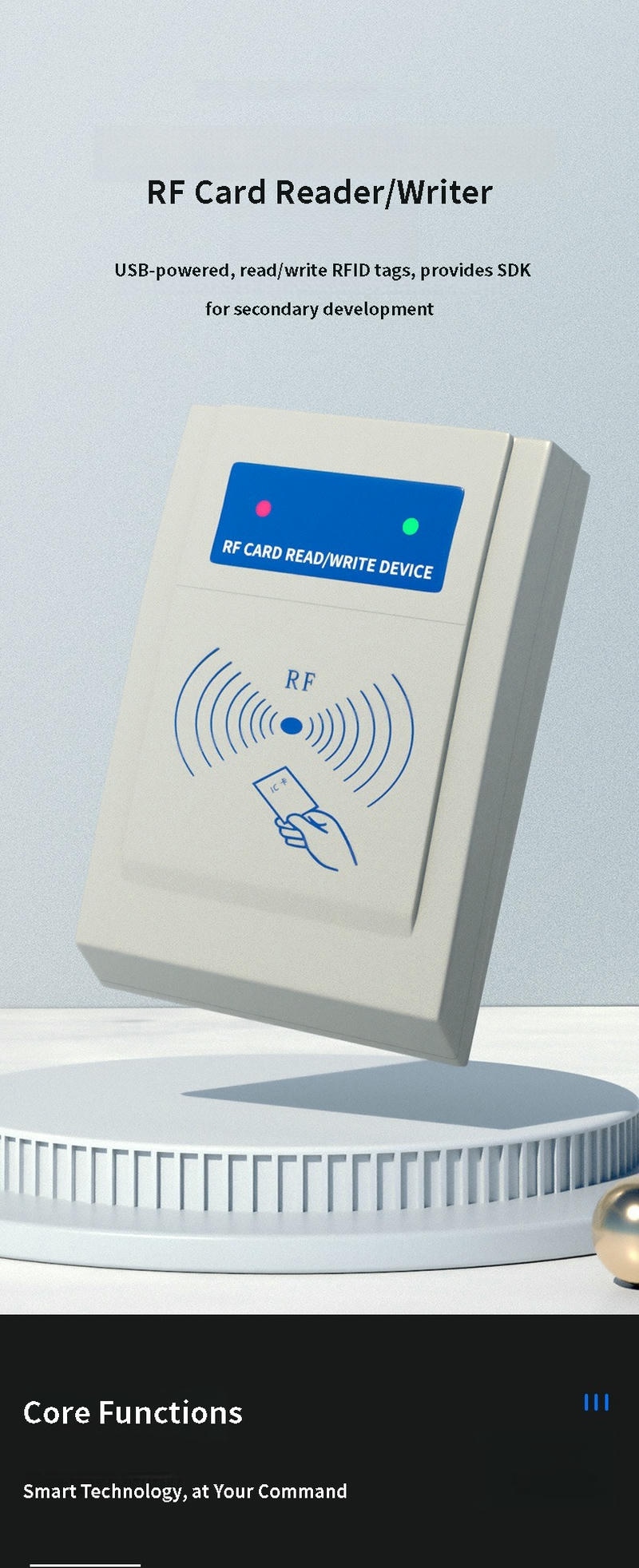 Imagem promocional do leitor gravador RFID HF KA-R10, destacando alimentação USB e suporte SDK para desenvolvimento secundário.