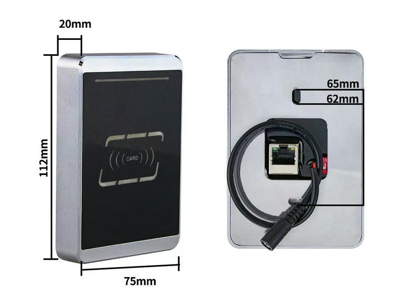 Imagem dimensional do KA-TCP-JS03 com vista frontal e posição traseira do conector Ethernet para montagem em superfície plana.