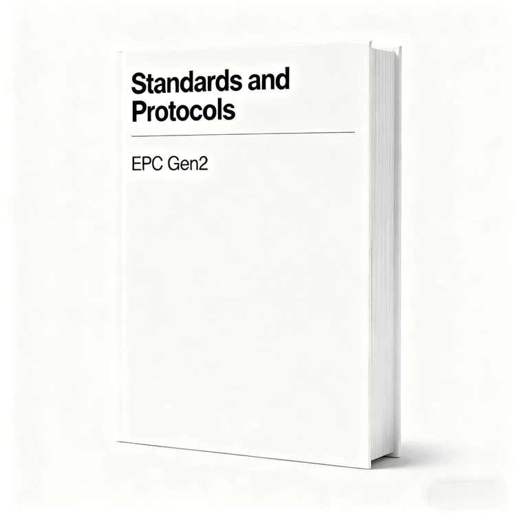 Ficha técnica EPC Gen2 para sistemas RFID UHF, com leitura sem contato na categoria de normas e protocolos.