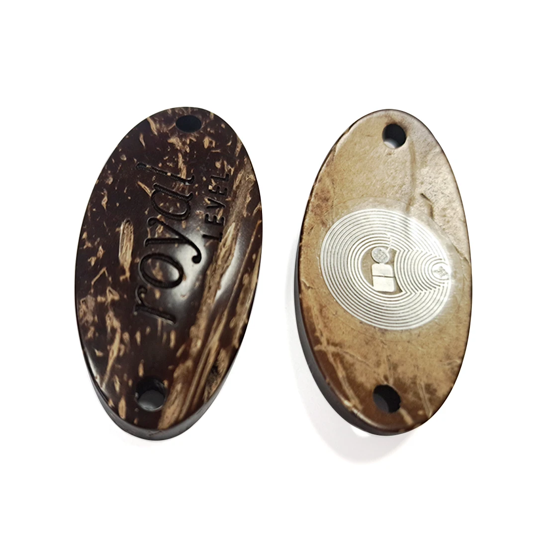 Pulseiras RFID personalizadas de casca de coco apresentadas na seção de descrição com vista de aplicação para soluções Cartões de madeira.