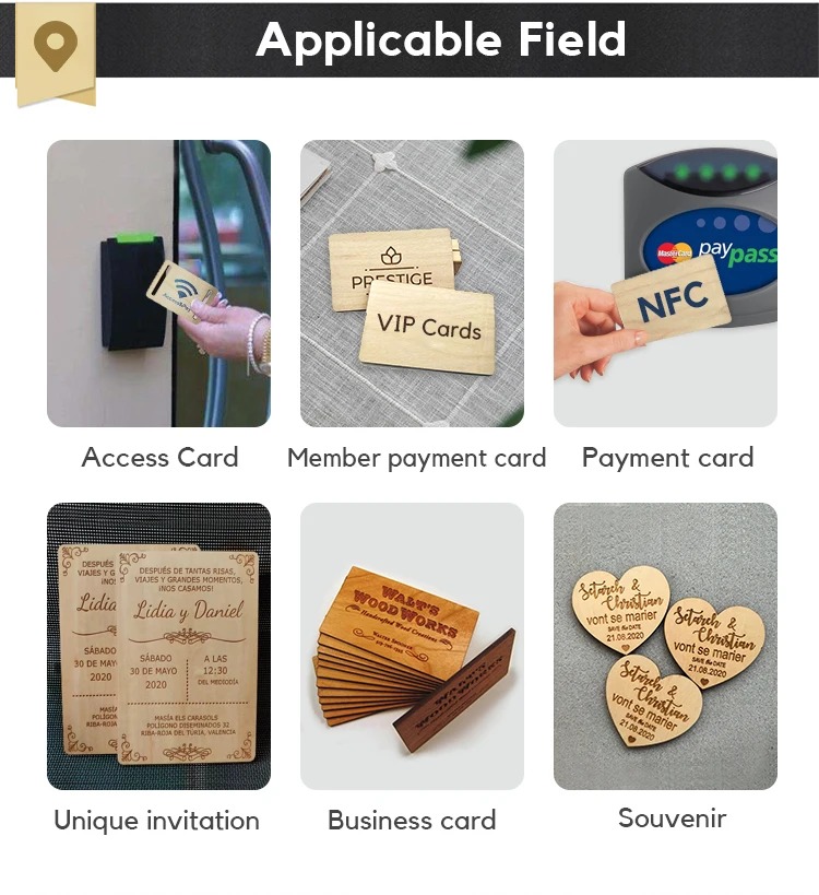 Cartões-presente RFID de madeira gravada com amostra de design personalizado para aplicações em Cartões de Madeira.