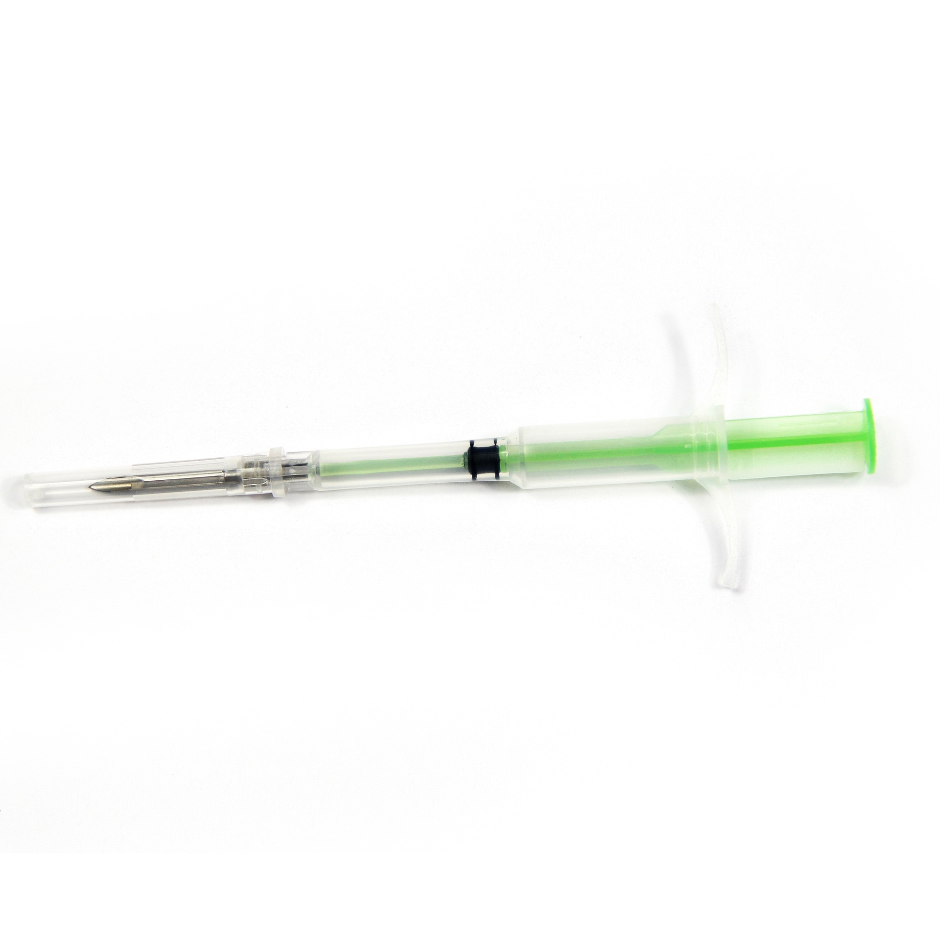 Uma única seringa de microchip pré-carregada G-103 é mostrada de lado para destacar a tampa da agulha e o êmbolo verde para implantação.