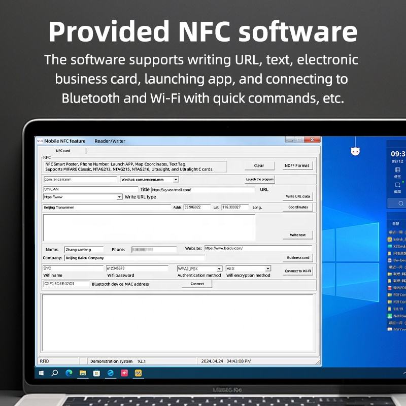 A captura de tela mostra a interface do software fornecido com o NFC300 para gravar URL texto e dados de cartão de visita com comandos rápidos para configuração do dispositivo